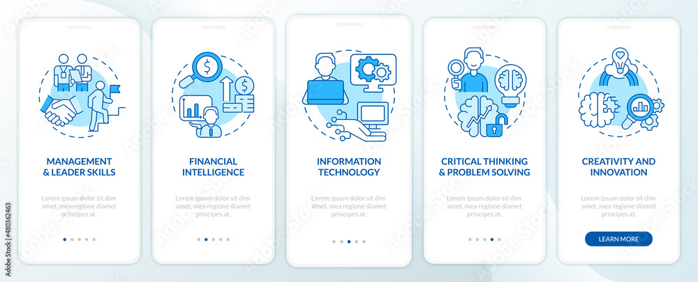 Skills for business management blue onboarding mobile app screen. Walkthrough 5 steps graphic instructions pages with linear concepts. UI, UX, GUI template. Myriad Pro-Bold, Regular fonts used Skills for business management blue onboarding mobile app screen. Walkthrough 5 steps graphic instructions pages with linear concepts. UI, UX, GUI template. Myriad Pro-Bold, Regular fonts used