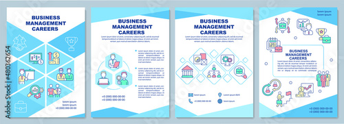Business management careers brochure template. Booklet print design with linear icons. Vector layouts for presentation, annual reports, ads. Arial-Black, Myriad Pro-Regular fonts used