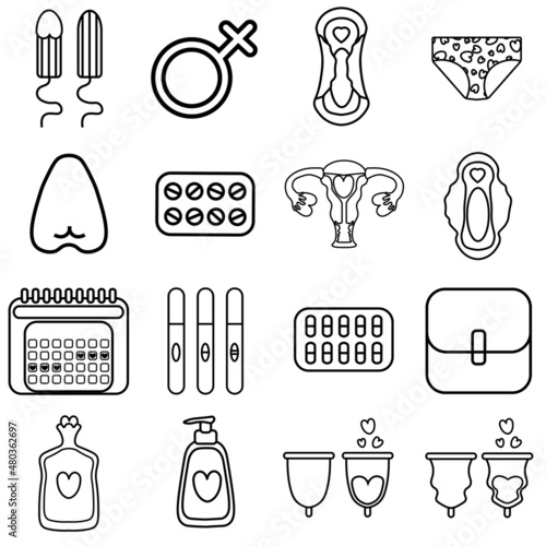 Female menstruation set.Pad,tampon,menstrual cup,menstrual discharge,pills,hot water bottle,intimate hygiene product,menstrual calendar,pregnancy test,uterus.Line Icons Pictogram Vector illustration