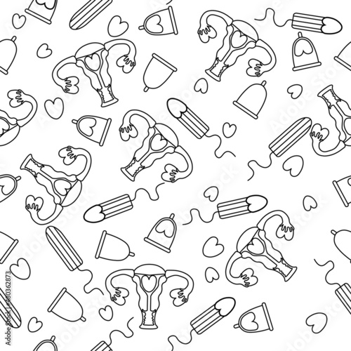 Menstruation hygiene.Menstruation concept. Seamless endless pattern.Vagina Symbol,female period with menstrual blood,sanitary pad,tampon,reusable cup. Feminism.Vector illustrations
