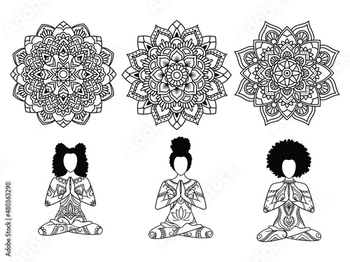 Set of afro yoga woman doing yoga. Collection of meditating girls in the lotus position. Meditation pose. Lotus flower mandala set. Vector illustration isolated on white background.