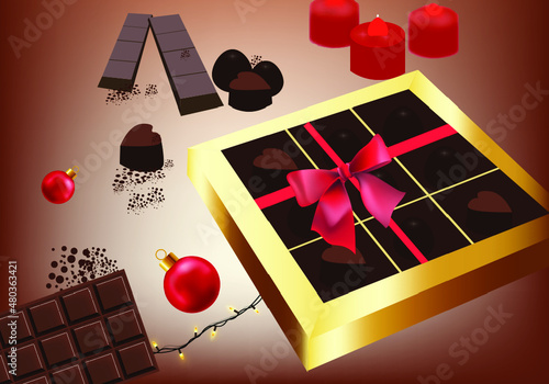 Golden chocolate box vector realistic. Product placement packaging chocolate ...