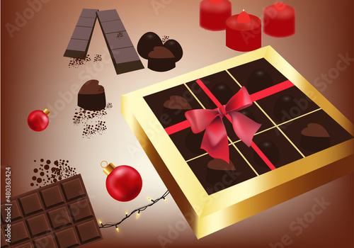 Golden chocolate box vector realistic. Product placement packaging chocolate ...