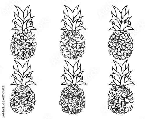 Set of floral pineapples. Collection silhouettes of an exotic fruit with fruit. Fresh vitamins. Design for t-shirt. Vector illustration of pineapple party decoration .