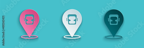 Paper cut Boxing helmet icon isolated on blue background. Paper art style. Vector