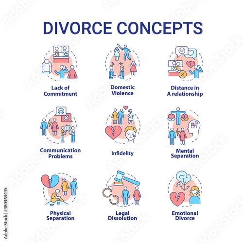 Divorce concept icons set. Reasons of marriage breakdown. Partners separation idea thin line color illustrations. Isolated outline drawings. Roboto-Medium, Myriad Pro-Bold fonts used