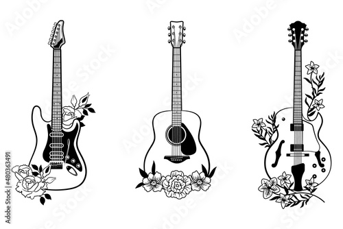 Set of stylized guitars with flower. Collection of electric guitars with floral bouqet. Black and white illustration of musical instruments. Linear art. Tattoo.