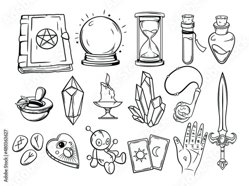 Set of witchcraft items. Collection of witchy magic equipment, celestial crystal, skull,  potions, bugs, candles, and crystal balls. Vector illustration of mythical elements. photo