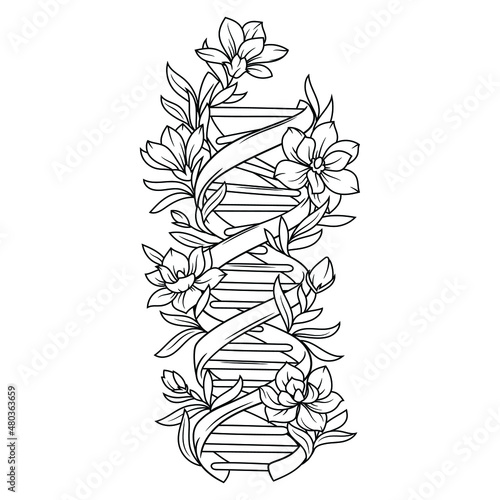 Illustration of Dna spiral. Helix floral dna . Genetic code with flower. Biology. Science elements. Medical molecule. Tattoo.