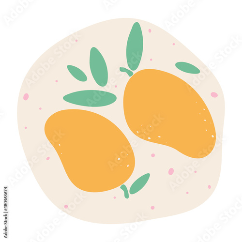 Flat mango hand drawn vector illustration. Ripe fruit, juicy organic food abstract drawing isolated on pastel beige background. Trendy home decor. Modern color print 