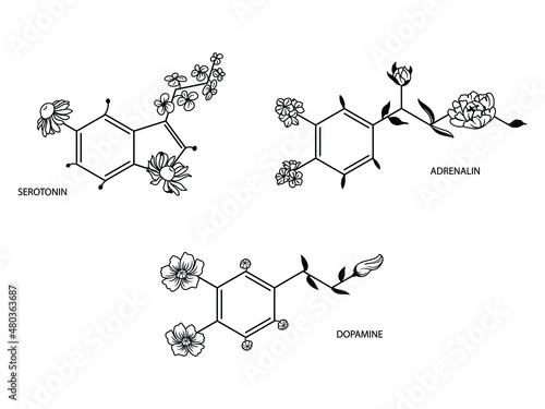 Set of molecular formula with flowers. Collection of happiness moleculesserotonin, dopamine, and caffeine. Mental health. Vector illustration isolated on white background. Design for printing.