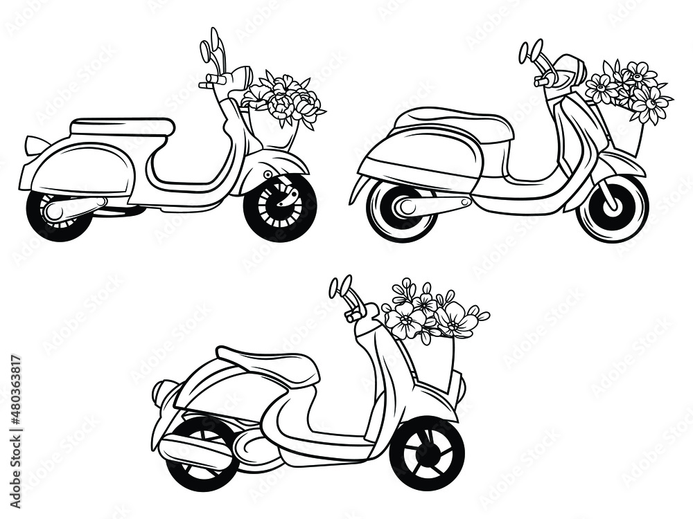 Set of flower scooters. Collection of motorcycles with a basket of flowers. Cute transport. Vintage moped with flower bouquet. Spring design for logo, card. Vector illustration on white background.