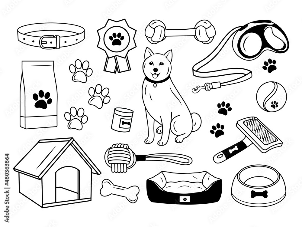 Set of accessories for dogs. Collection of dog toys bowl, collar, food and dog house. Pets items. Logo for the veterinary clinic. Vector illustration isolated on white background. Set of accessories for dogs. Collection of dog toys bowl, collar, food and dog house. Pets items. Logo for the veterinary clinic. Vector illustration isolated on white background.