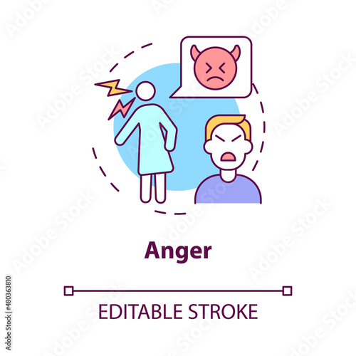 Anger concept icon. Non acceptance of divorce. Mental stage abstract idea thin line illustration. Isolated outline drawing. Editable stroke. Roboto-Medium, Myriad Pro-Bold fonts used
