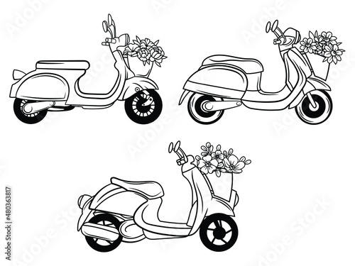 Set of flower scooters. Collection of motorcycles with a basket of flowers. Cute transport. Vintage moped with flower bouquet. Spring design for logo, card. Vector illustration on white background.