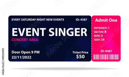 Concert ticket vector template. Concert, party or festival ticket design template. Vector illustration
