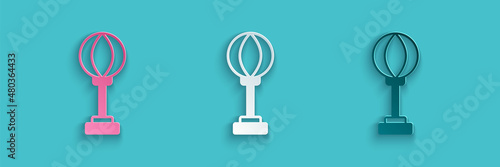 Paper cut Punching bag icon isolated on blue background. Paper art style. Vector