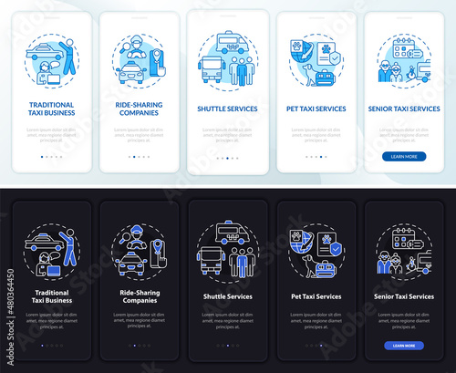 Taxi business types day and night theme onboarding mobile app screen. Shipping walkthrough 5 steps graphic instructions pages with concepts. UI, UX, GUI template. Myriad Pro-Bold, Regular fonts used