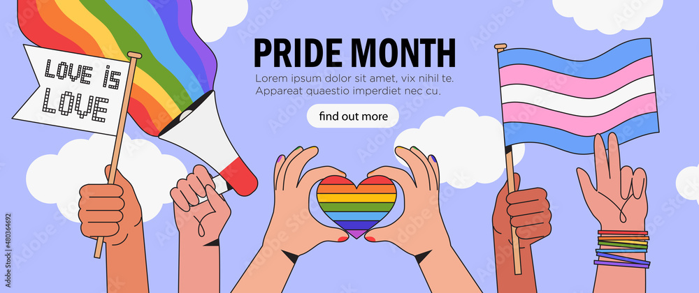 Vetor de People hold megaphone and flags with lgbt rainbow and ...