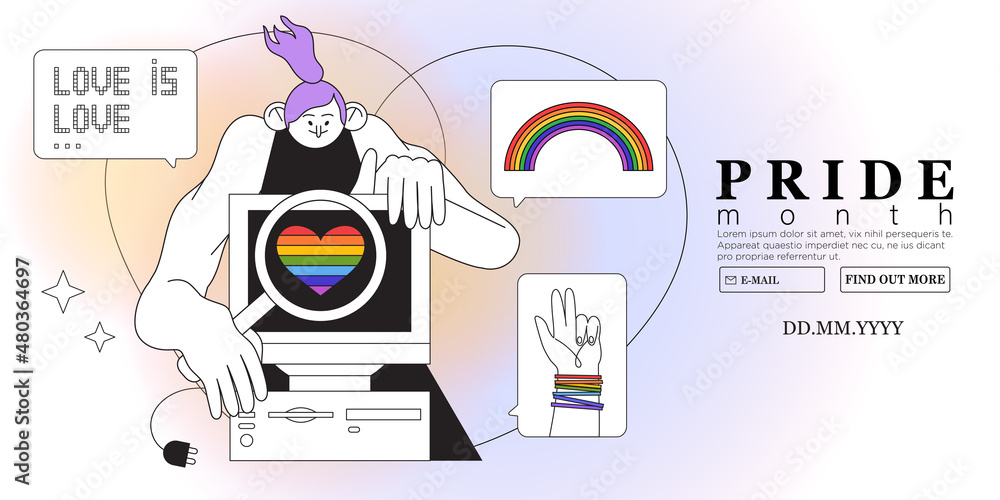 Person see lgbtq pride month announcement on computer screen and is exited. Lgbt rights or social issues event celebration creative banner, poster, social media advertisement or web landing page. Person see lgbtq pride month announcement on computer screen and is exited. Lgbt rights or social issues event celebration creative banner, poster, social media advertisement or web landing page.
