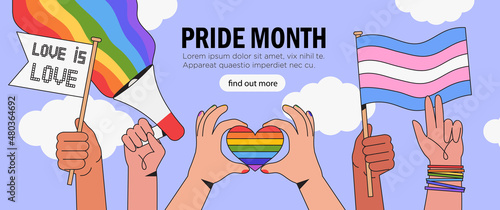 People hold megaphone and flags with lgbt rainbow and transgender flag during pride month celebration against violence, descrimination, human rights violation. Equality and self-affirmarmation.