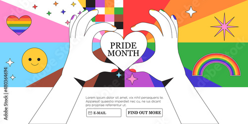 Lgbt rights or social issues event celebration creative banner, poster, placard, social media advertisement, invitation, greeting or web landing page in trendy 90s style with rainbow and heart.