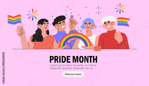 Diverse group of people or crowd holding posters, placards, symbols, signs and colorful flags and lgbt rainbows on gay parade, pride month or festival celebrate pride month web banner, poster.