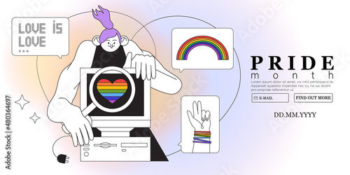 Person see lgbtq pride month announcement on computer screen and is exited. Lgbt rights or social issues event celebration creative banner, poster, social media advertisement or web landing page.