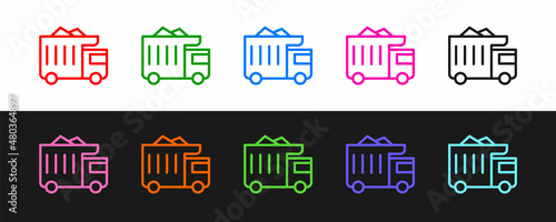 Set line Large industrial mining dump truck icon isolated on black and white background. Big car. Vector