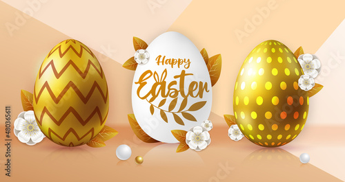 Holiday Easter background with golden easter eggs. Greeting card or poster. Vector illustration
