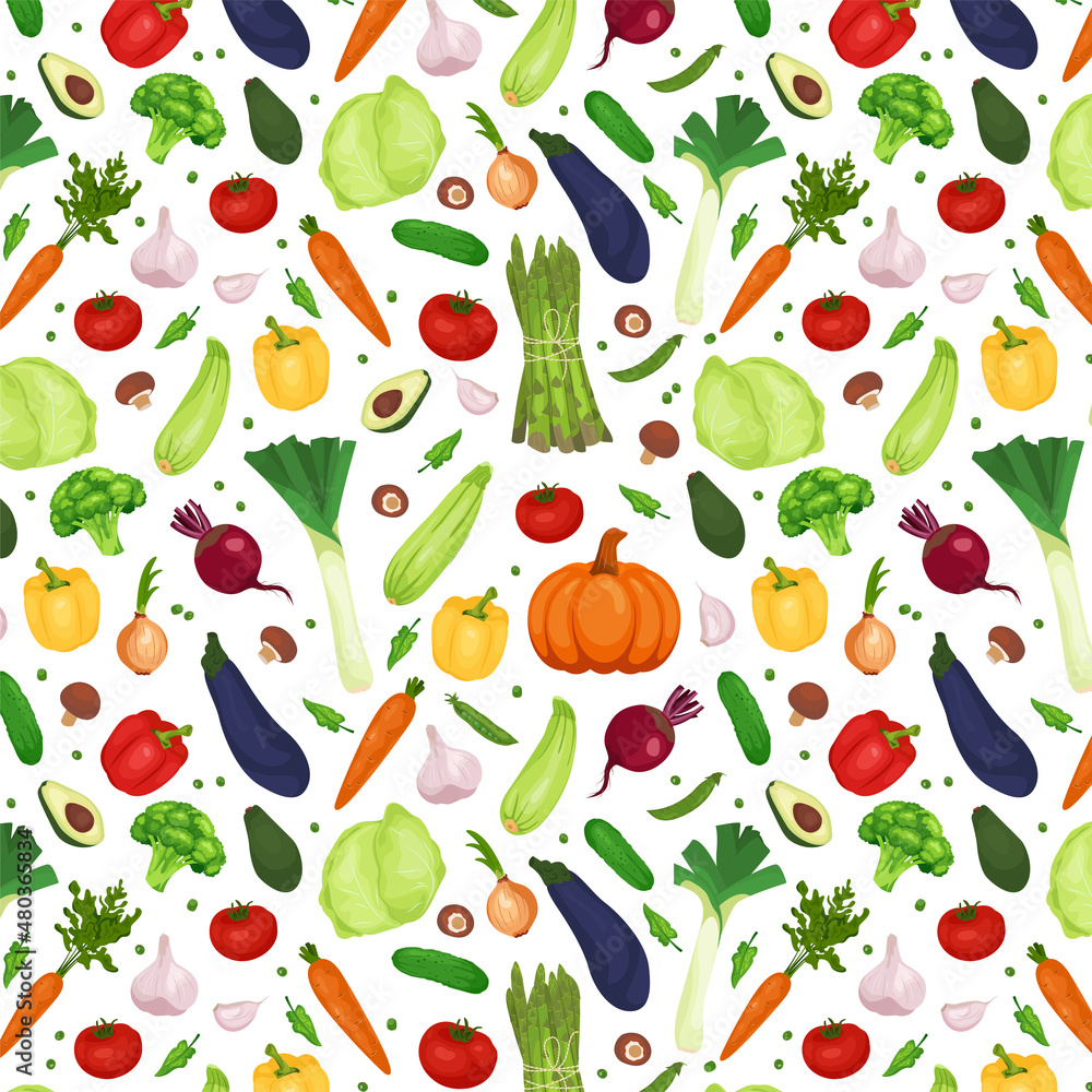 Seamless pattern with vegetables in a flat style. Vector vegetables on a white background. Organic healthy food Seamless pattern with vegetables in a flat style. Vector vegetables on a white background. Organic healthy food