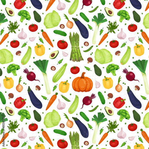 Seamless pattern with vegetables in a flat style. Vector vegetables on a white background. Organic healthy food