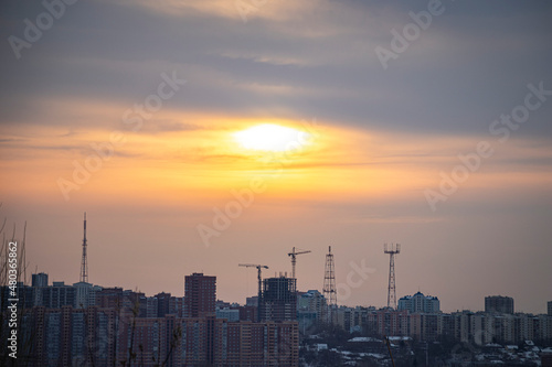 Novosibirsk  the left bank against the backdrop of a colorful winter sunset 