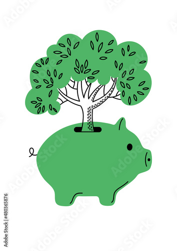 Save nature concept illustration. Tree saving or accumulating in green piggy bank.