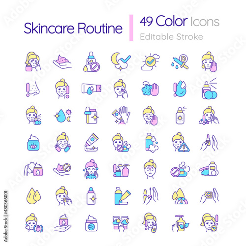 Fototapeta Naklejka Na Ścianę i Meble -  Skincare routine RGB color icons set. Beauty and healthcare. Cosmetic products. Isolated vector illustrations. Simple filled line drawings collection. Editable stroke. Quicksand-Light font used