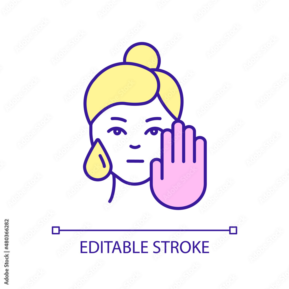 Avoid over moisturizing of skin RGB color icon. Oily skin type tip. Beauty procedure. Skincare routine. Isolated vector illustration. Simple filled line drawing. Editable stroke. Arial font used Avoid over moisturizing of skin RGB color icon. Oily skin type tip. Beauty procedure. Skincare routine. Isolated vector illustration. Simple filled line drawing. Editable stroke. Arial font used