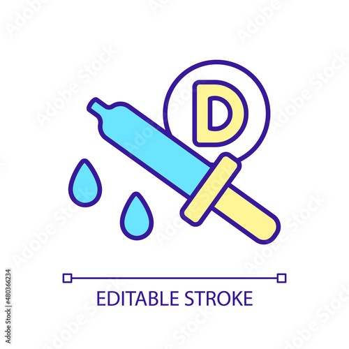 Serum with vitamin D RGB color icon. Skincare routine. Supplement for skin health. Wellness lifestyle. Isolated vector illustration. Simple filled line drawing. Editable stroke. Arial font used