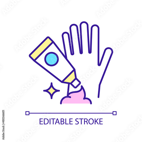 Hand cream applying RGB color icon. Skincare cosmetic product. Beauty routine for everyday. Isolated vector illustration. Simple filled line drawing. Editable stroke. Arial font used
