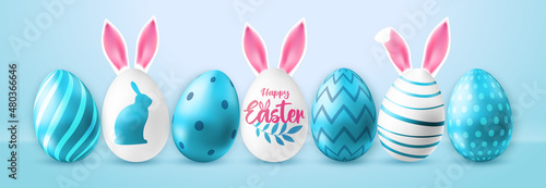 Holiday Easter background with blue and white easter eggs. Set of Easter eggs with rabbit ears. Greeting card or poster. Vector illustration