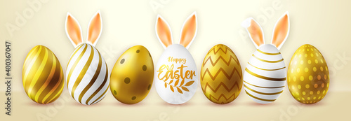 Holiday Easter background with golden easter eggs. Set of Easter eggs with rabbit ears. Greeting card or poster. Vector illustration