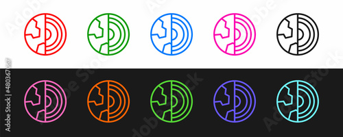 Set line Earth core structure crust icon isolated on black and white background. Vector