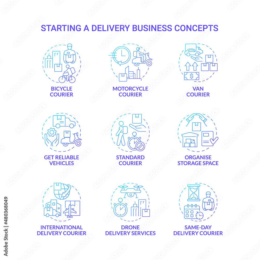 Starting delivery business blue gradient concept icons set. Shipping service idea thin line color illustrations. Isolated outline drawings. Roboto-Medium, Myriad Pro-Bold fonts used