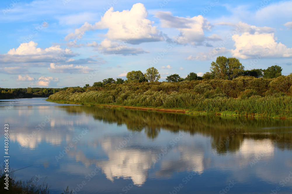The river bank with clouds reflected in it on a summer day. The river bank with clouds reflected in it on a summer day.