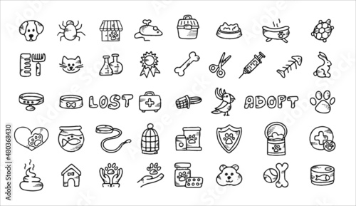 Doodle vector pet set. Icons for the pet nursery. Hand drawn sketch illustration of dog and pet accessories elements bone, food, leash, training, caring, grooming a dog