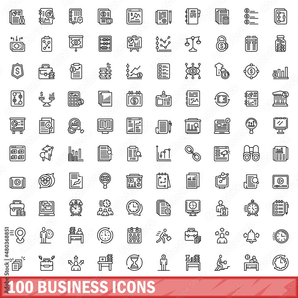 100 business icons set, outline style 100 business icons set, outline style