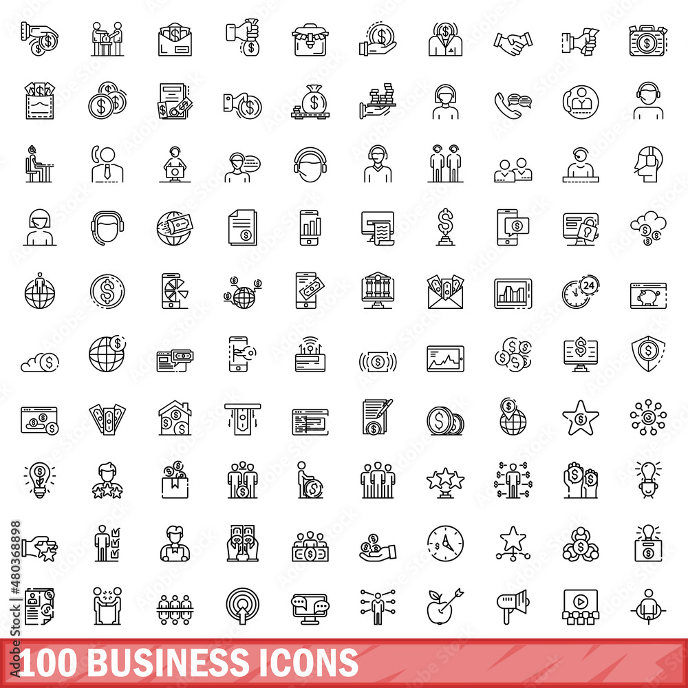 100 business icons set, outline style 100 business icons set, outline style