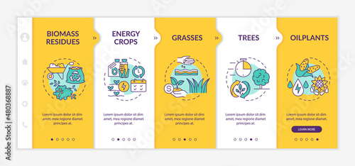 Biomass energy resources on farm yellow onboarding template. Grass and oilplant. Responsive mobile website with linear concept icons. Web page walkthrough 5 step screens. Lato-Bold, Regular fonts used
