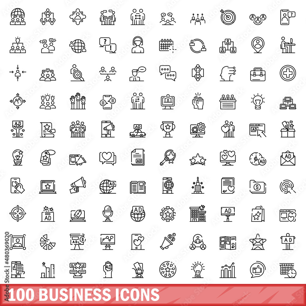 100 business icons set, outline style 100 business icons set, outline style