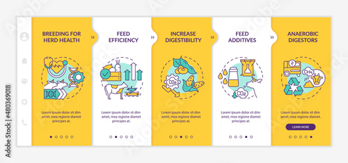 Reducing methane emissions yellow onboarding template. Feed additives. Responsive mobile website with linear concept icons. Web page walkthrough 5 step screens. Lato-Bold, Regular fonts used photo