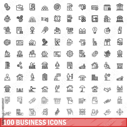 100 business icons set, outline style